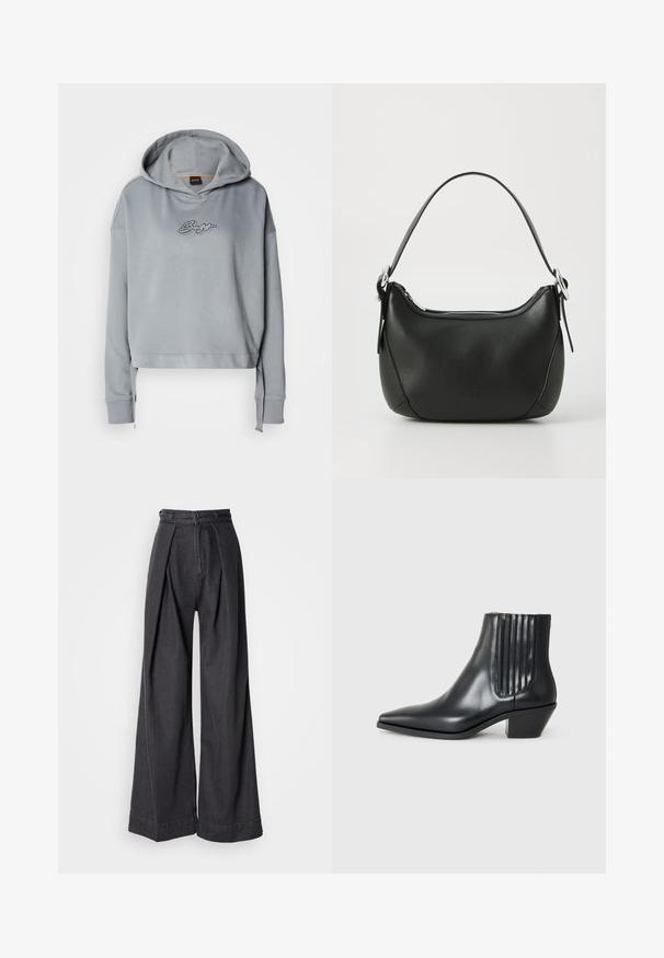 Pelēks īss kapuce ar saistēm, uz kuras priekšējās daļas ir teksturēts sudraba logotipa dizains. Mīksta auduma, brīvs piegriezums, ribota aproce.; Platas kājas melni džinsa bikses ar augstu jostasvietu, ar priekšējiem krokām un klasisku rāvējslēdzēju. Ass, līdzenas tekstūras apdare.; Melnas ādas potītes zābaki ar izsistu purngali, elastīgām sānu paneļiem ar vertikālām grodām un zemu bloku papēdi. Gluda tekstūra un elegants dizains.; Melnas ādas rokassoma ar izliekumu formu, sudraba rāvējslēdzis un īsu rokturi. Priekšpusē ir smalks logo un gluda tekstūra.