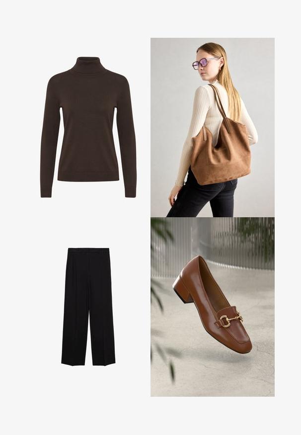 Rjav pulover z visokim ovratnikom, ki ima dolge rokave, prilegajoč dizajn in rebrasto teksturo okoli ovratnika in manšet.; Črne široke hlače iz gladkega materiala, z gubami spredaj in stranskimi žepi, zasnovane v ravnem, sproščenem kroju.; Rjavi lakirani loafer z kvadratnim nosom, kovinsko verigo kot okrasom in nizko blok podplatom; gladka tekstura, minimalističen dizajn.; Rjava semišna torba z mehko teksturo, velikim odprtjem in dolgimi ročaji. Ima preprost dizajn z vidnim šivanjem in brez okovja.