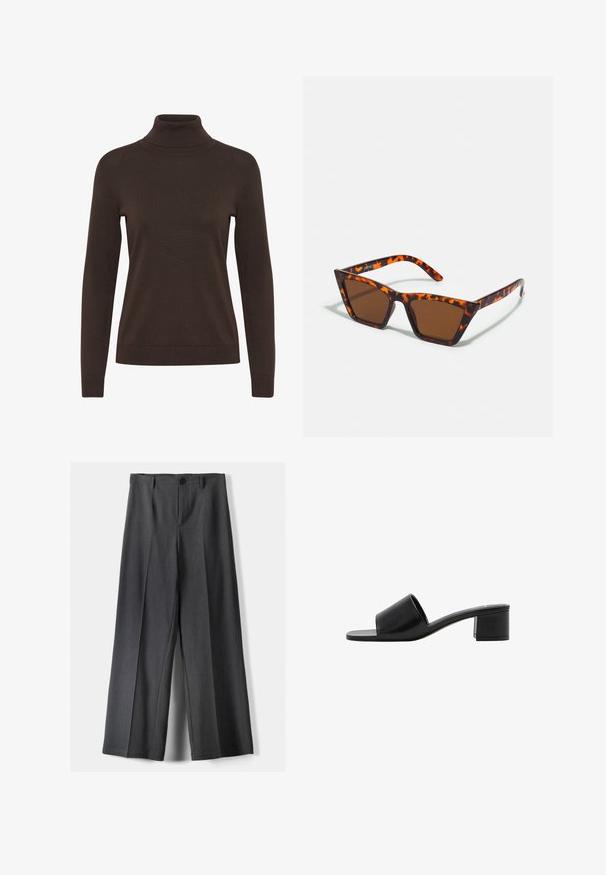 Maglione a collo alto marrone con maniche lunghe, design aderente e texture a costine attorno al collo e ai polsini.; Pantaloni a gamba larga in tessuto grigio scuro, dotati di chiusura con bottone, pieghe frontali e passanti per cintura. Texture liscia con un design su misura.; Sandal in pelle nera open-toe con una fascia ampia e un tacco a blocco solido. Caratterizzato da una texture liscia e un design minimale.; Occhiali da sole con tonalità marrone, motivo tartaruga, montatura angolare e aste sottili. Materiale plastico leggero.; Borsa tote in pelle nera con un design morbido e floscio, manici larghi e una texture liscia. Nessun hardware o decorazione visibile.