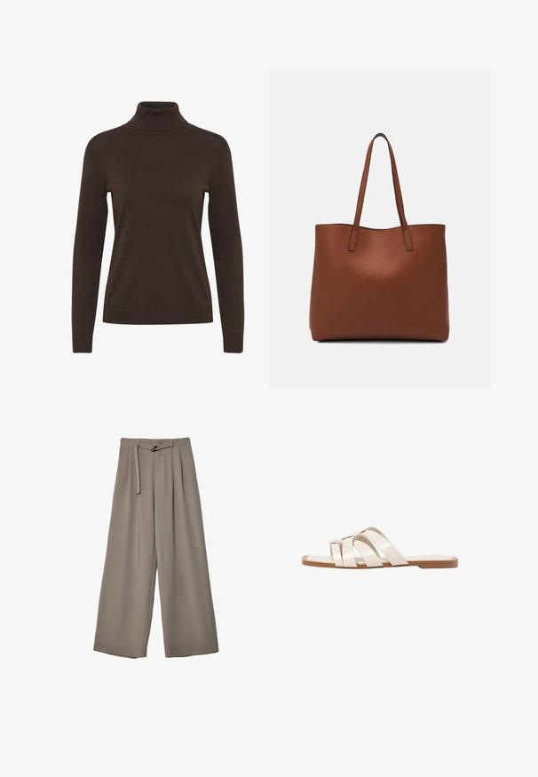 Rjav pulover z visokim ovratnikom, ki ima dolge rokave, prilegajoč dizajn in rebrasto teksturo okoli ovratnika in manšet.; Široke hlače iz mehke, umirjene sive tkanine, z pasom, ki ga je mogoče zavezati, in z gubami za dodatne oblikovne podrobnosti. Gladka tekstura, brez vzorcev.; Ravne sandale s svetlo rjavim gumijastim podplatom, zasnovane s tremi prekrivajočimi se belimi usnjenimi trakovi in majhnim lokom na sredini.; Rjava usnjena torba z gladko teksturo, odprto zasnovo zgoraj in dvema naramnima trakovoma. Opremljena je z minimalnim šivanjem in brez vidnih kovinskih delov.