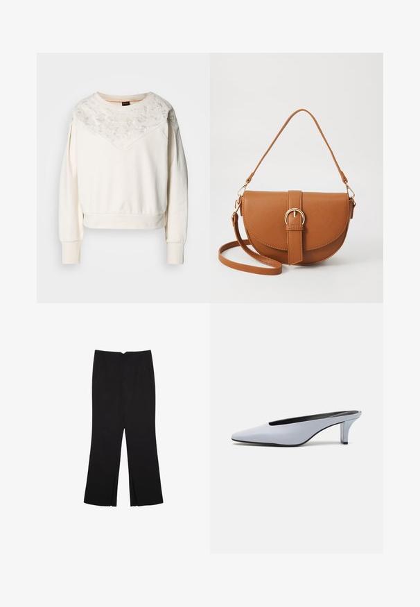 Bílá mikina s dlouhými rukávy, zdobená květinovou výšivkou na hrdle, žebrovanými manžetami a uvolněným střihem.; Černé kalhoty s rovným střihem, s předními kapsami a bočními rozparky na lemu. Vyrobené z jemné, hladké tkaniny. Vhodné na různé příležitosti.; Světle modrý lakovaný kožený mule s špičatou špičkou, nízkým transparentním podpatkem a štíhlým designem s výřezem na nártu.; Hnědá kožená křížová taška s zakřiveným tvarem, zlatými detaily a akcentem s přezkou. Obsahuje odnímatelný popruh na rameno.