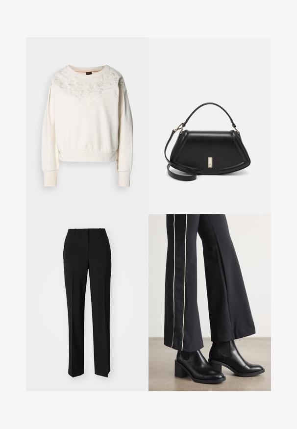 Balta piedurkņu džemperis ar garām piedurknēm, kuru rotā ziedu izšuvuma raksts pie kakla izgriezuma, ribota aproces un brīva piegriezuma.; Melnas pielāgotas bikses ar taisnu kāju dizainu, kas raksturojas ar gludu faktūru un asiem krokām pa priekšu. Nav redzamu metāla detaļu.; Melnas ādas potīšu zābaki ar blokveida papēdi, aprīkoti ar elastīgām sānu paneļiem. Kombinēti ar melniem biksēm, kuru sānos ir baltas svītras.; Melnas ādas roku soma ar struktūru, ar īsu formu, augšējo rokturi un zelta aksesuāriem. Iekļauta regulējama plecu siksna.