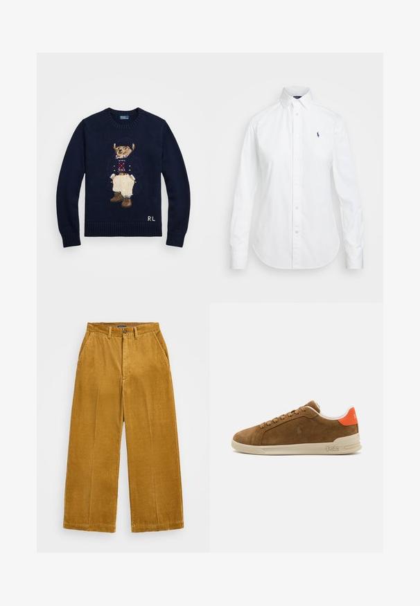 Polo Ralph Lauren POLO BEAR CREWNECK SWEATER - Πουλόβερ - hunter navy multi; Λευκό πουκάμισο με μυτερό γιακά, μακριά μανίκια και μικρό μπλε λογότυπο στο αριστερό στήθος. Φτιαγμένο από βαμβακερό ύφασμα.; Κορδορόι παντελόνι σε μουσταρδί κίτρινο, με φαρδιά πόδια, κάθετη ραβδωτή υφή, εμπρόσθιες τσέπες και κλείσιμο με ένα κουμπί.; Καφέ σουέτ αθλητικά με κρέμα καουτσούκ σόλα, με πορτοκαλί λεπτομέρειες στη φτέρνα και μια μικρή λογότυπο λεπτομέρεια στην πλευρά.