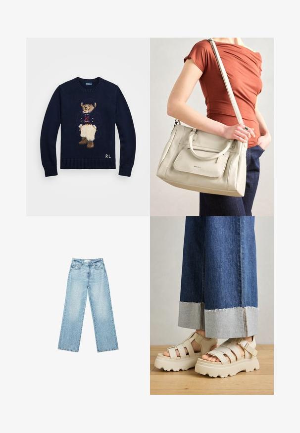 Polo Ralph Lauren POLO BEAR CREWNECK SWEATER - Pullover - hunter navy multi; Jeans en denim bleu clair à jambe large avec une taille haute, présentant un délavage léger et de petits détails de déchirures éparpillés.; Des sandales à plateforme beiges avec de épais semelles présentent un design à lanières et des sangles de cheville réglables. Portées avec un pantalon en denim à jambes larges, un ourlet est effiloché.; Sac à main en cuir blanc avec des poignées doubles et une bandoulière amovible, doté d'une poche zippée à l'avant et d'une texture lisse. Porté au bras d'une personne.