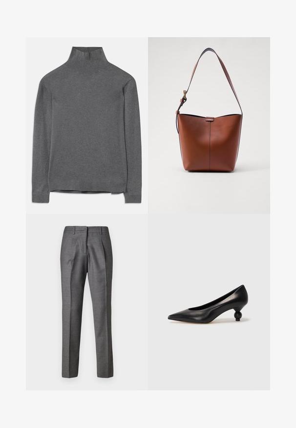 Maglione grigio a collo alto realizzato in un tessuto morbido, con maniche lunghe, collo e orlo a coste e una vestibilità comoda. Texture liscia e design semplice.; Pantaloni grigi su misura con una texture liscia, due pieghe frontali e un design slim-fit. Presentano una vita standard e una gamba dritta.; Scarpa con tacco alto in pelle nera, con punta affilata e tacco arrotondato e bombato. Texture liscia con un design elegante e minimalista.; Borsa a spalla in pelle marrone con forma curvata, texture liscia e una sottile tracolla. Presenta una cucitura discreta e un piccolo dettaglio con logo.