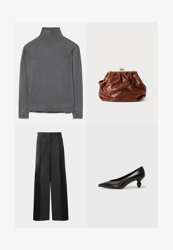 Szary sweter z golfem, wykonany z miękkiego materiału, z długimi rękawami, prążkowanym dekoltem i dołem oraz luźnym krojem. Gładka tekstura i prosty design.; Czarne szerokie spodnie z wysokim stanem, z przodu z fałdami, o gładkiej fakturze i dopasowanym wykończeniu. Zaprojektowane z myślą o luźnym kroju.; Czarna skórzana szpilka z ostrym czubkiem i okrągłym, kulistym obcasem. Gładka tekstura z eleganckim, minimalistycznym wzornictwem.; Brązowa skórzana torebka typu kopertówka z złotą klapą i krótkim złotym łańcuszkiem, o miękkiej, marszczonej fakturze na białym tle.
