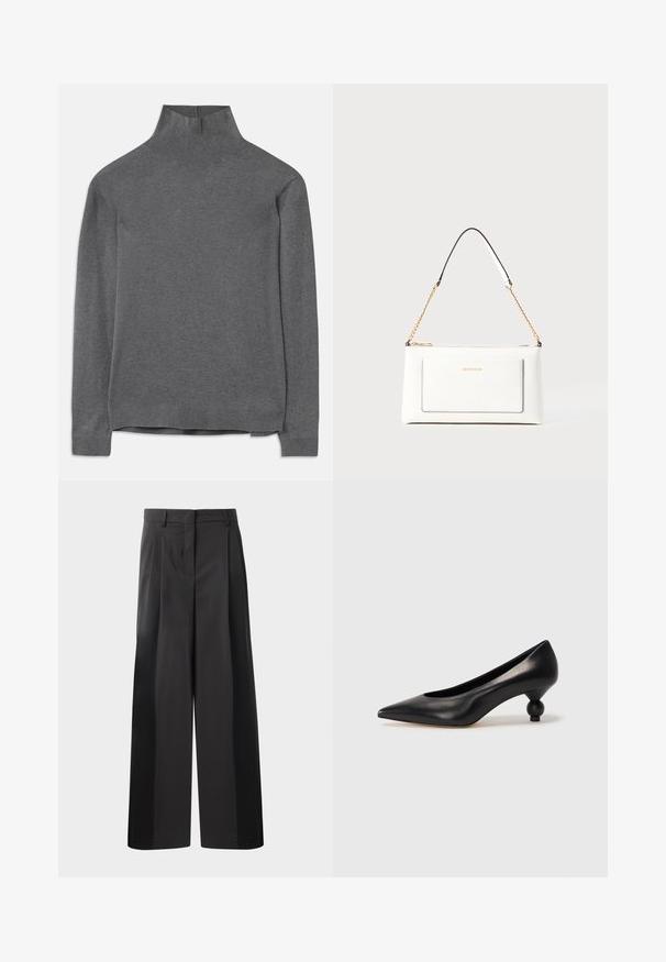 Halljalõikega hall kaelus-sviiter, mis on valmistatud pehmest kangast, pikkade varrukate, sooniku kaela- ja allaäärtega ning lõdva lõikega. Sile tekstuur ja lihtne disain.; Mustad laiad püksid kõrge vöökohaga, millel on ees voldid, sile tekstuur ja õmmeldud viimistlus. Kujundatud lõdva istuvuse saavutamiseks.; Must musta kõrge kontsaga king, millel on terav nina ja ümar, pallikujuline konts. Sile pind ja elegantne, minimalistlik disain.; Valge nahast kott tekstureeritud viimistlusega, millel on kuldne kettling ja mustad aktsendid. Include eesmine tasku ja tõmblukk.