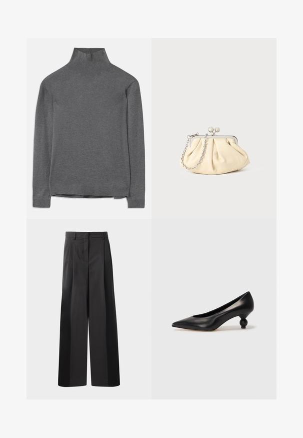 Maglione grigio a collo alto realizzato in un tessuto morbido, con maniche lunghe, collo e orlo a coste e una vestibilità comoda. Texture liscia e design semplice.; Pantaloni neri a gamba larga con vita alta, caratterizzati da pieghe frontali, una texture liscia e una finitura sartoriale. Progettati per un fit rilassato.; Scarpa con tacco alto in pelle nera, con punta affilata e tacco arrotondato e bombato. Texture liscia con un design elegante e minimalista.; Clutch in pelle beige plissettata con una struttura in metallo argento, dotata di due chiusure decorative rotonde e una tracolla in catena argentata.