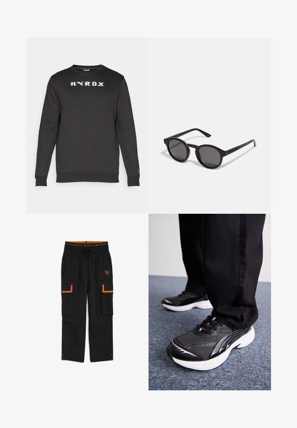 Fekete pulóver pamut keverék anyagból. Kerek nyakkivágással, hosszú ujjakkal és fehér "HYDROX" felirattal a mellkason.; Fekete cargo nadrág elasztikus derékkal és narancssárga zsinórral, több zsebbel rendelkezik, és narancssárga díszítéssel a zsebeken és az alján.; Fekete sportcipők hálós anyagból, fehér talppal és fekete részletekkel. A talpa textúrázott. Fekete nadrággal viselve, kék szőnyegen.; Fekete napszemüveg kerek, enyhén hullámos kerettel, sötét lencsékkel és egyenes fekete szárakkal. Simaságot és fényes felületet jellemző, látható minták nélkül.