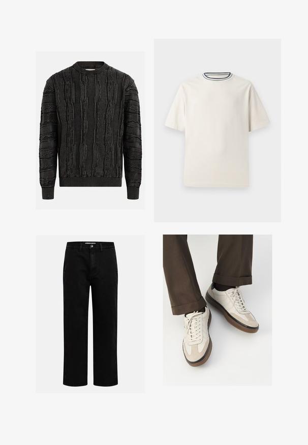 Pull noir avec une surface texturée présentant des motifs ondulés en relief. Encolure ras du cou et poignets côtelés, offrant une silhouette ajustée.; T-shirt en coton couleur crème à manches courtes, avec un col rond accentué de rayures bleu marine et blanches. Texture lisse, coupe décontractée.; Pantalons en denim noir avec une coupe droite, design classique à cinq poches et fermeture à bouton à la taille. Texture lisse et tissu durable.; Baskets beiges avec un devant en suède texturé, côtés en cuir lisse et semelle en caoutchouc brun. Lacets et détails de couture légère inclus.