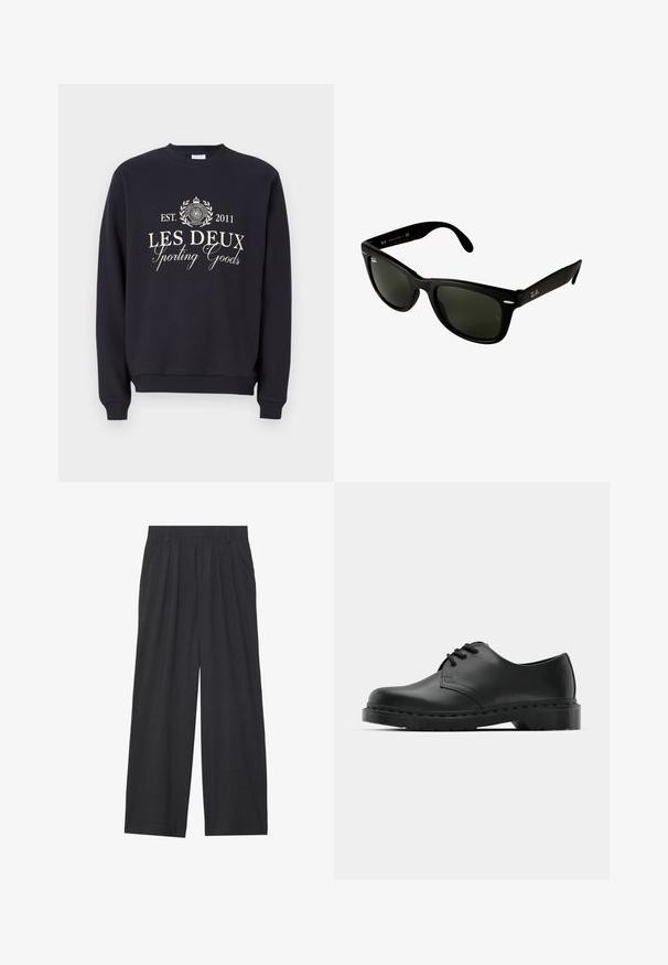 Tumedat sinine dressipluus, mis on valmistatud puuvilla segust, omab ümarat kaelust, pikka varrukat ning esipoolne graafika, kus on kirjas "Les Deux Sporting Goods" kreemjas värvis.; Laiene püksid, mis on valmistatud tumedast hallist kangast. Omavad vööümbrikus voldikuid, on kohandatud disainiga ja sirge siluett.; Mustad musta nahast oksfordi king, millel on paeltega disain, ümar nina, lame kummist tallal ja diskreetne õmblemise detail ülemise osa ääres.; Mustad must plastikust päikeseprillid tumeroheliste läätsedega. Ruudukujuline raam koos hõbedaste aksessuaaridega ja reljeefne logo kõrvaplokkidel.