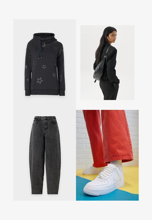 Felpa grigia scura con un alto collo a cowl, caratterizzata da motivi a stelle bianche su tutta la superficie e un cordoncino al collo.; Jeans in denim nero a vita alta con vestibilità rilassata, caratterizzati da un classico design a cinque tasche e chiusura con bottone. Tessuto testurizzato e non elastico.; Sneaker bianco in pelle con punta perforata, suola testurizzata e lacci bianchi, abbinati a pantaloni rossi larghi e uno sfondo blu e giallo.; Donna con lunghi capelli scuri, vestita con un completo nero, che porta una borsa a tracolla in pelle nera, mentre guarda oltre la spalla su uno sfondo bianco.; Orecchini a cerchio in argento con un design torciglionato, caratterizzati da una finitura lucida e chiusura a perno. Misurano circa 3 cm di diametro.