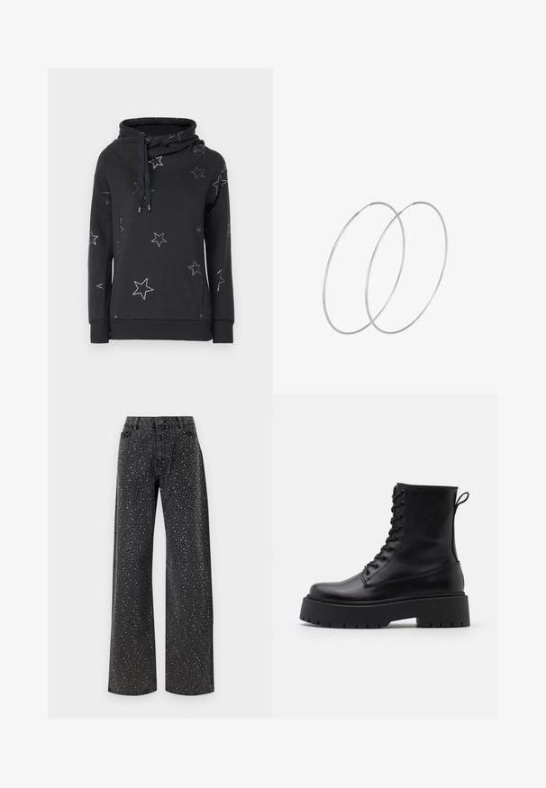 Tumehall sweatkiriga kõrge kraega, millel on valged tähtede mustrid kogu pinna ulatuses ja string sulgemine kaela piirkonnas.; Noisy May NMJANNEL LOOSE - Avar lõikega teksad - black denim; Mustad mustad nahast pahkluu saapad ümarate varvastega, nööridega esiosas ja paksu kummist talla ning tekstuuritud mustriga. Tagumine tõmbeaas.; Hõbedased rõngastikkaehingad minimalistlikus disainis. Ümar kuju, sile tekstuur ja õhuke profiil. Kerged ning poleeritud viimistlusega.