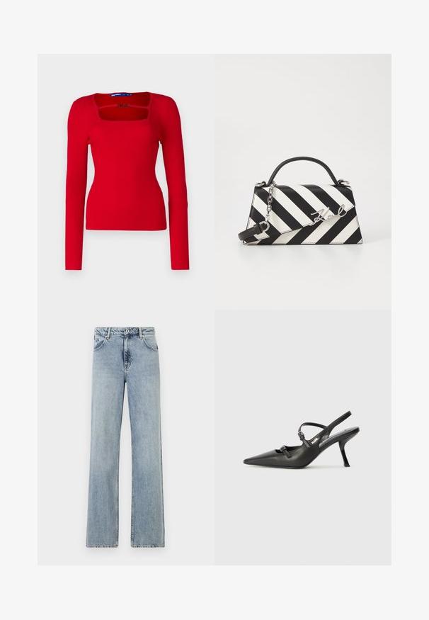 Karl Lagerfeld Jeans LOGO  - Camisola - pompeian red; Jeans de ganga de perna larga, azul claro. Apresenta um fecho com botão e zip, bolsos frontais e um desbotado subtil. Bainhas limpas.; Sapatos de salto alto em couro preto, tipo slingback, com bico pontiagudo, salto esguio e detalhe decorativo em fivela no peito do pé. Textura suave e design elegante.; Bolsa de mão às riscas pretas e brancas com um formato estruturado, apresentando uma alça superior, uma alça de corrente destacável e um detalhe em logotipo metálico.