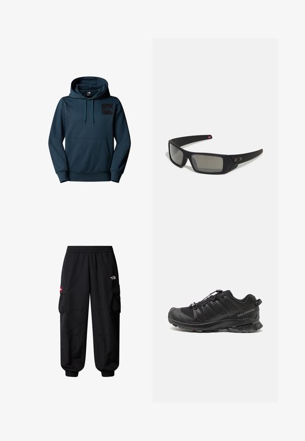Capuchon sweatshirt in donker teal met een voorkennis. Bevat een zwart logo patch op de borst. Gemaakt van een zachte, gestructureerde stof.; The North Face HIMALAYAN - Cargobroek - tnf black; Zwarte sportschoen met een bovenwerk van mesh, rubberen buitenzool en een elastisch vetersysteem. Voorzien van een versterkte neus en gestructureerde accenten.; Zwarte zonnebril met een matte afwerking, rechthoekige glazen, een lichte kromming op de slapen, subtiele logodetails en rookgetinte glazen.; Zwarte handschoenen van rekbaar stof, met een slank ontwerp. Kenmerken zijn onder andere een touchscreen-compatibele tip en textuuraccenten voor extra grip.
