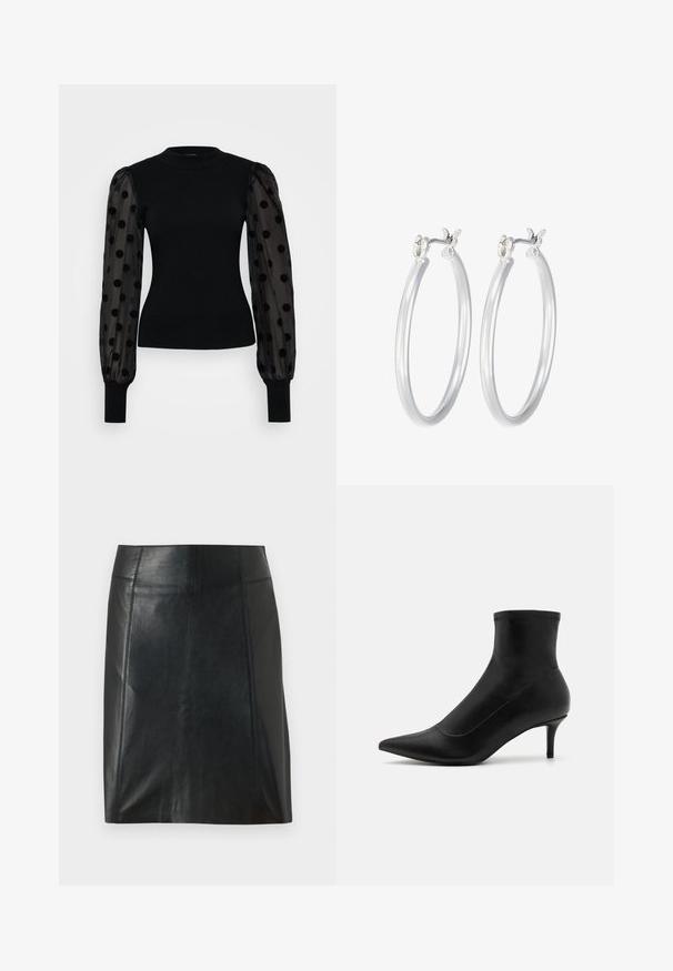 Maglione nero con bodice a coste aderente e maniche puff trasparenti con pois neri. I polsini in maglia nera completano il design.; Gonna in pelle nera con un design aderente. Texture liscia, cuciture che delineano la forma e orlo dritto. Aspetto minimalista e slanciato.; Stivaletti neri in pelle liscia con punta affusolata e tacco corto e sottile. Presentano un design senza cuciture e sottili dettagli di cucitura.; Orecchini a cerchio in argento con una finitura liscia e lucida. Forma rotonda e chiusura a scatto sicura. Design leggero adatto per l'uso quotidiano.