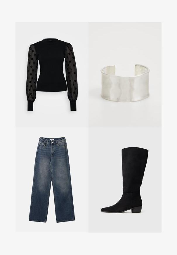 Sweater preto com corpo em malha justa e mangas bufantes transparentes com bolinhas pretas. Punhos de malha pretos completam o design.; Jeans de denim azul de cintura alta para homens, com pernas largas, fecho frontal com botão e zip, e bolsos frontais e traseiros.; Bota de camurça preta até ao joelho com tacão baixo e bico pontiagudo, apresentada em vista lateral sobre um fundo cinza claro liso.; Zign Pulseira - silver-coloured