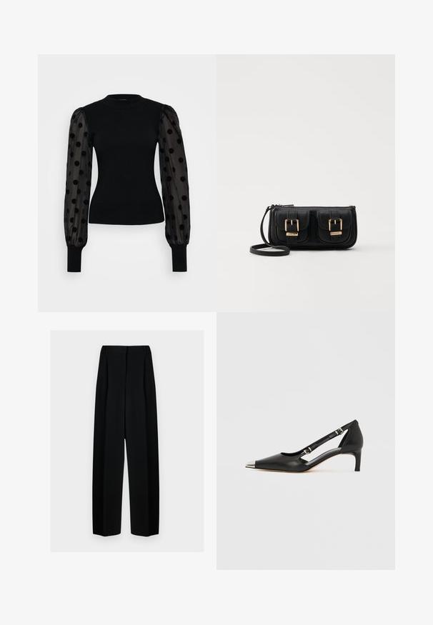 Pulover negru cu corp ajustat și mâneci transparente cu volane, decorate cu buline negre. Manșetele din tricot negre completează designul.; Pantaloni negri evazați cu talie înaltă, având plisseuri și o textură netedă. Țesătura pare ușoară și se așază elegant.; Pantof de damă din piele neagră cu toc kitten, vârf ascuțit argintiu și două curele cu cataramă, pe fundal alb.; Geantă neagră din piele, tip crossbody, cu două buzunare frontale, catarame aurii, închidere cu fermoar și o curea subțire. Suprafață texturată și formă rectangulară compactă.