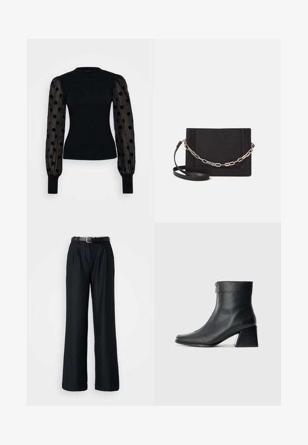 Musta neulepaita, jossa on istuva ribbikappale ja läpikuultavat puffihihat, joissa on mustia pilkkuja. Mustat kudotut hihat viimeistelevät designin.; Mustat leveälahkeiset housut, jotka on valmistettu sileästä kangasta, etupuolella pleatsit ja samasta kankaasta valmistettu musta vyö hopeisesti soljella.; Mustat nahka nilkkurit, joissa on nelikulmainen kärki, sivuvetoketju ja lohkarekorko, taustalla vaalea yksinkertainen tausta.; Musta nahkainen olkalaukku, jossa on sileä pinta, suorakulmainen muoto ja metalliketju yksityiskohtana edessä. Mukana säädettävä hihna.; Hopeinen kaksinkertainen rengas, jossa on sileä, kiillotettu pinta. Siinä on sulava, kaareva muotoilu, jossa on päällekkäisiä osia modernin ilmeen saavuttamiseksi.
