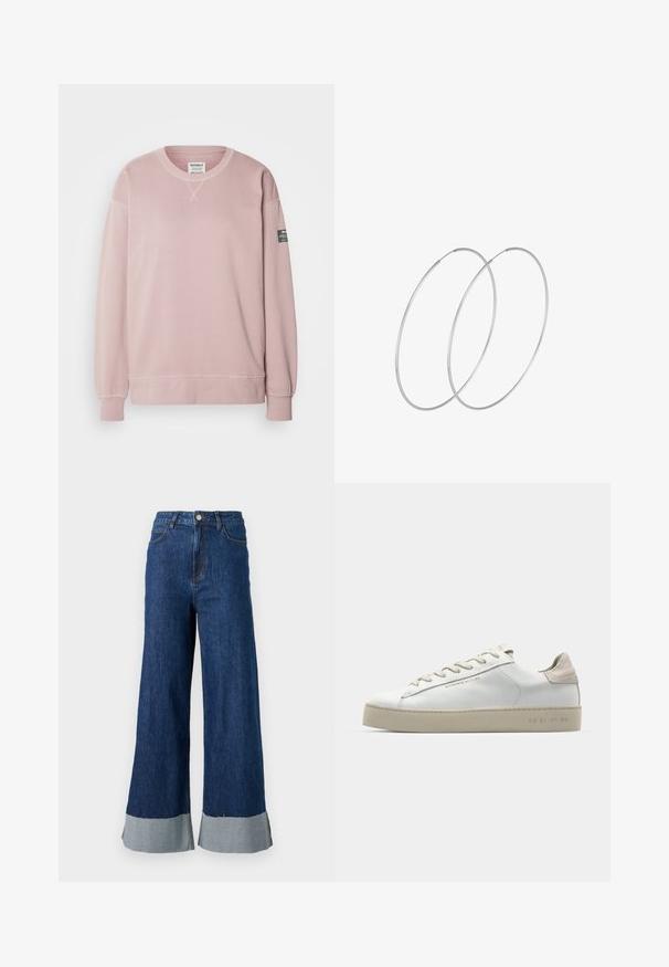 Ecoalf WOMAN - Sudadera - light mauve; Pantalones vaqueros de pierna ancha con un lavado azul oscuro, que presentan un dobladillo en azul claro contrastante y un diseño clásico de cinco bolsillos.; Zapatilla de deporte blanca de cuero con un acabado suave, acentos de gamuza beige, punta redonda, diseño plano con cordones y suela de goma texturizada.; Pendientes de aro plateados con un diseño minimalista. Forma circular, textura suave y perfil delgado. Livianos con un acabado pulido.