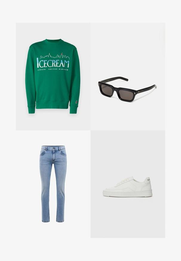 Zöld pamut pulóver városi tájat ábrázoló grafikával. A szöveg a következőket tartalmazza: "FAGYI" és "LONDON EGYESÜLT KIRÁLYSÁG". Jégkrém-kúpos logó található az ujjon.; Szürke, rövid ujjú póló, puha, texturált anyagból készült. Klasszikus környakú és egyenes fazonú, alkalmas hétköznapi viseletre.; Világoskék farmernadrág, karcsú szabású, öt zsebes, egyenes lábbal. Cipzáros záródás és övhurkok jellemzik. Puha tapintású.; Fehér bőr sportcipő sima felülettel, kerek orral, lapos fűzőkkel és texturált talppal. Finom logó található a sarokon.; Fekete téglalap alakú napszemüveg sötét lencsékkel, vastag műanyag keret, arany díszítések a szárakon, és a márka logója gravírozva a szára.