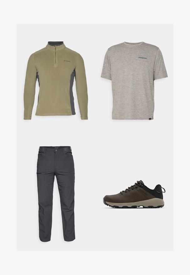 Fleece-pullover i olivengrønn med mørkegrå sidestykker, høy hals og glidelås foran. Har et lite logo på brystet.; Grå kortermet t-skjorte laget av mykt, teksturert stoff med en liten blå Patagonia-logo på venstre bryst. Ingen ekstra mønstre.; Mørkegrå bukser laget av slitesterkt stoff, med glidelåslomme, rett snitt og beltestropper for justerbar passform.; Brune vanntette joggesko med teksturert overdel, perforerte detaljer, svart hæl støtte og en grå gummisåle. Snøring er stilisert med metalliske ender.