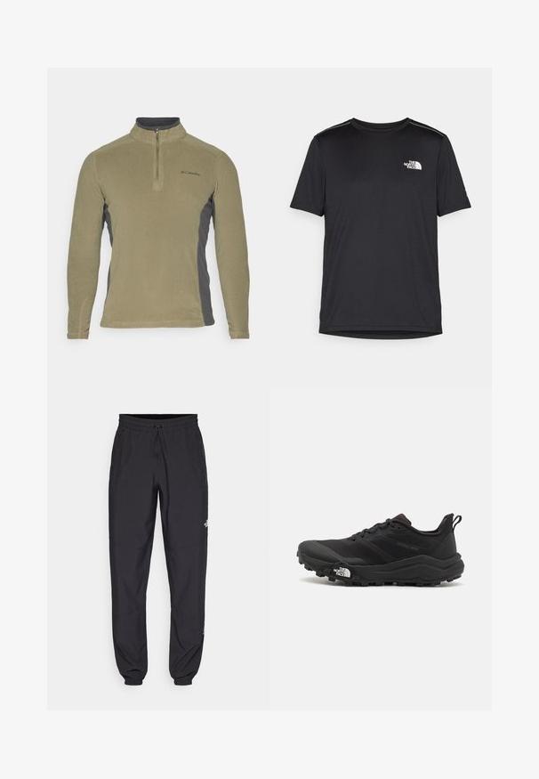 Olivinės žaliavos vilnos megztinis su tamsiai pilkais šonų intarpais, apskritu kaklu ir priekiniais užtrauktukais. Ant krūtinės yra mažas logotipas.; Juodas trumpas rankovės marškinėliai, pagaminti iš lengvos medžiagos. Yra mažas baltas logotipas kairiajame krūtinės pusėje ir subtilūs pečių akcentai.; Juodos sportinės kelnės, pagamintos iš lengvos medžiagos, su raišteliu liemens srityje, šoniniais kišenėmis ir siaurėjantys apykaklės prie kulkšnies.; Juoda bėgimo batai su tekstūruotu paviršiumi, guma padais ir sustiprinta pirštų dalimi. Yra paminkštinta apykaklė ir kilpos, leidžiančios lengvai užsidėti.