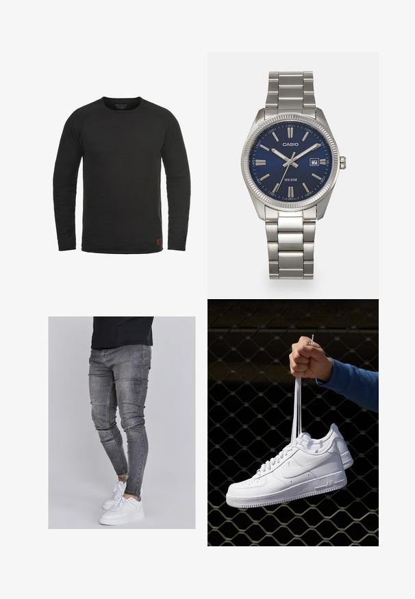 Melnas garās piedurknes kreklā ar apaļu kakla izgriezumu, kas izgatavots no faktūrfabriķa, ar mazu brūnu zīmola uzlikumu apakšējā labajā stūrī.; Tievās džinsās bālganā pelēkā denimā, kas izceļas ar nolietotām detaļām pie ceļgaliem, apvienotas ar baltām kedām. Gluda tekstūra, šaurs piegriezums.; Baltas ādas sporta apavi ar perforācijām, apaļu purngali, plakanu zoli un biezām šņorēm, ar redzamu swoosh logo un vārdu "AIR" uz papēža.; Sudraba nerūsējošā tērauda rokas pulkstenis ar tumši zilu ciparnīcu, metalizētiem stundu rādītājiem un datuma logu pie pulksten 3. Ūdensizturīgs līdz 50 metriem.