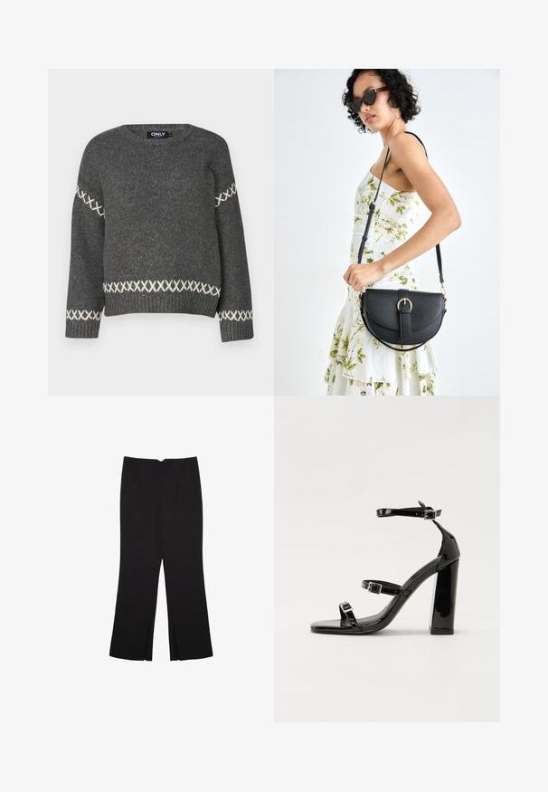 Dunkelgrauer gestrickter Pullover mit Rundhalsausschnitt, der weiße Kreuzstichakzente an den Ärmeln und am Saum aufweist. Glatte Textur.; Schwarze Hose mit geradem Schnitt, ausgestattet mit Fronttaschen und Seitenschlitzen am Saum. Hergestellt aus weichem, glattem Stoff. Geeignet für verschiedene Anlässe.; Schwarze patentierte Sandalen mit Absatz, quadratischer Spitze, Knöchelriemen und silbernen Schnallen. Mit einem stabilen Blockabsatz für mehr Stabilität.; Schwarze Lederhandtasche mit geschwungener Form, abnehmbarem Tragegurt und goldenen Beschlägen. Die Tasche verfügt über einen Deckel mit einer Schnallen-Details.