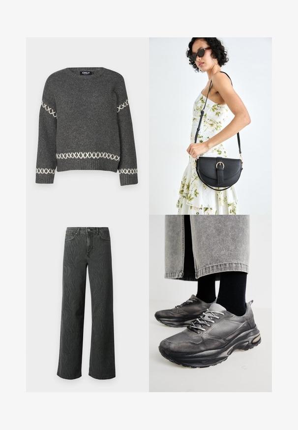 Donkergrijze gebreide trui met ronde hals, voorzien van witte kruissteekaccenten langs de mouwen en de zoom. Soepele textuur.; Brede pijpen jeans in donkergrijs denim, met een subtiele zebra-structuur, contrasterende stiksels en een vijf-pocket ontwerp met een knoopsluiting.; Zwarte en grijze sport schoenen hebben een mesh bovenkant, dikke zolen en veters. Ze hebben een ronde neus en zichtbare dempingsdetails.; Zwarte leren handtas met een gebogen vorm, afneembare schouderband en gouden hardware. De tas heeft een klep met een gespsluiting.