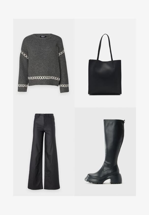 Temno siva pletena jopica s okroglim ovratnikom, ki ima bele križne šive po rokavih in robu. Gladka tekstura.; Črne, širokoglede hlače iz umetnega usnja. Imajo visok pas, zanke za pas, dva sprednja žepa in šivano detajliranje.; Visoka črna usnjena škornja s debelim podplatnim solejem in blok peto, opremljena s potegom in strukturiranim profilom na podplatu.; Črna usnjena torba s svilnato teksturo, pravokotne oblike in dvema dolgima ročajema. Brez vidnih metalnih delov ali okrasnih elementov.