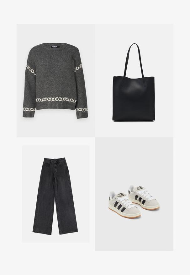 Donkergrijze gebreide trui met ronde hals, voorzien van witte kruissteekaccenten langs de mouwen en de zoom. Soepele textuur.; Zwarte wide-leg denim jeans met een hoge taille, klassiek vijf-pocket ontwerp en subtiele vervaging. Duurzame stof met een soepele textuur.; Grijze nubucklederen sneakers met witte veters, zwarte strepen en een witte rubberen zool. Bevat een rond logo op de tong en een gumzool.; Zwarte leren handtas met een gladde textuur, rechthoekige vorm en twee lange handvaten. Geen zichtbare hardware of versieringen.