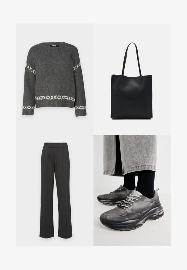 Dark gray knitted sweater with a crew neck, featuring white cross-stitch accents along the sleeves and hem. Smooth texture.; Black straight-leg pants with an elastic waistband, front pleats, soft fabric, and no visible patterns or hardware details.; Black and gray athletic shoes feature a mesh upper, thick soles, and laces. They have a rounded toe and visible cushioning detail.; Black leather tote bag with smooth texture, rectangular shape, and two long handles. No visible hardware or embellishments.