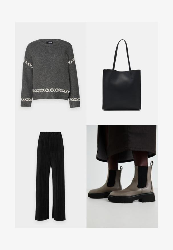 Dark gray knitted sweater with a crew neck, featuring white cross-stitch accents along the sleeves and hem. Smooth texture.; Black pleated trousers with an elastic waistband. Features wide legs and a smooth, textured fabric with vertical stripes.; Gray ankle boots made of textured leather with elastic side panels and a chunky black sole. Features pull tabs for easy wear.; Black leather tote bag with smooth texture, rectangular shape, and two long handles. No visible hardware or embellishments.