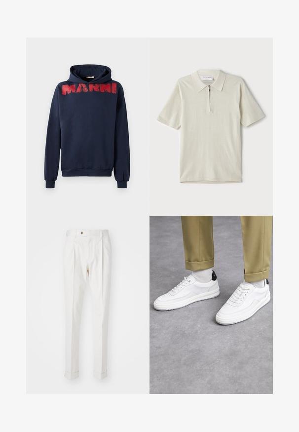 Námořnická modrá mikina s kapucí vyrobená z bavlny, se červeným štětcovým potiskem slova "MARNI" na hrudi, s volným střihem a klokaní kapsou.; Pánská polo košile s krátkým rukávem v světlé béžové barvě, s límcem na zip. Vyrobena z hladkého materiálu, s jednoduchým, moderním designem bez vzorů.; Bílé kalhoty na míru s plochým předním dílem, dvěma sklady a ohrnutými nohavicemi. Vyrobené z hladké tkaniny s knoflíkovým zapínáním v pase.; Bílé tenisky s texturovaným koženým povrchem, zaoblenou špičkou a černým akcentem na patě. Gumová podrážka s malým vzorem a šitými detaily.