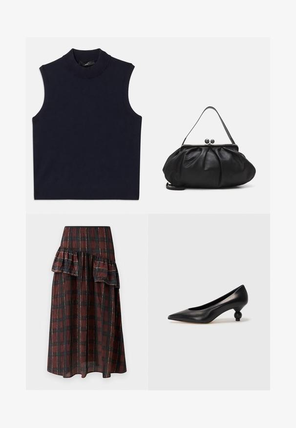 Tumedat ilmavarrukatega kampsun kõrge ribaga kraega, siledast materjalist ja ribaga toote alumise äärega. Lihtne, minimalistlik disain ilma mustriteta.; Tumepunane ja mustriline maxi seelik, millel on kihtidega volangid vöökohtades, valmistatud kerge ja pehme tekstuuriga kangast.; Must musta kõrge kontsaga king, millel on terav nina ja ümar, pallikujuline konts. Sile pind ja elegantne, minimalistlik disain.; Must mustrida nahk-kott ümmarguse, kortsunud disainiga. Varustatud metallist klambriga, millel on kaks dekoratiivset palli ja õhuke, eemaldatav rihm.