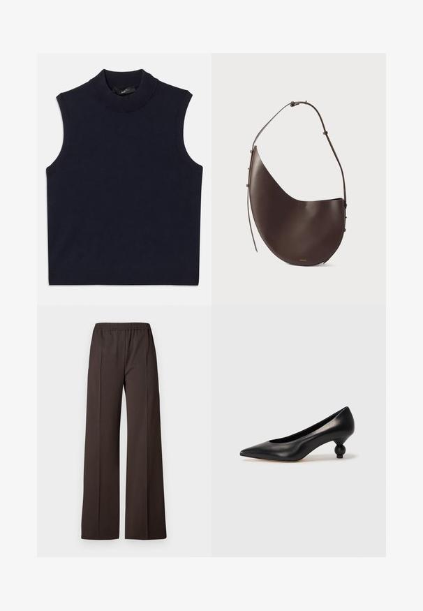 Maglione senza maniche di colore navy con colletto alto a costine, texture liscia e orlo a costine. Design semplice e minimalista senza motivi.; Pantaloni a gamba larga in tessuto marrone scuro con vita elastica, caratterizzati da una superficie liscia e linee pulite per un look elegante.; Scarpa con tacco alto in pelle nera, con punta affilata e tacco arrotondato e bombato. Texture liscia con un design elegante e minimalista.; Borsa a tracolla in pelle marrone con forma curva, tracolla singola e design minimalista. Presenta un logo discreto e dettagli in metallo dorato.