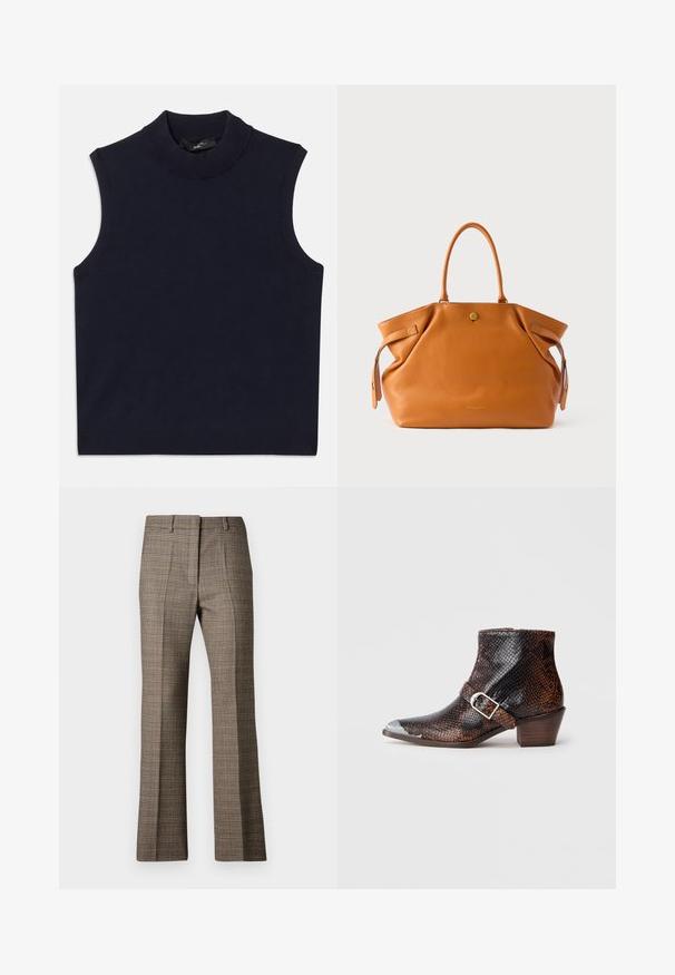 Pulover fără mâneci bleu marin cu guler înalt și textură netedă, cu tiv ribborat. Design simplu, minimalist, fără modele.; Pantaloni în carouri maro, cu un croi drept, având un material texturat și nuanțe subtile de bej și maron închis în întregul model.; Bocuți pentru gleznă cu imprimeu de șarpe negru și maro, cu vârf de argint, accent cu cataramă și tocul din lemn de înălțime mică. Textură netedă, design ajustat.; Geantă tote din piele căprui cu două mânere rezistente, închidere cu fermoar în partea de sus și accente laterale. Prezintă o suprafață texturată și un emblemă aurie în față.