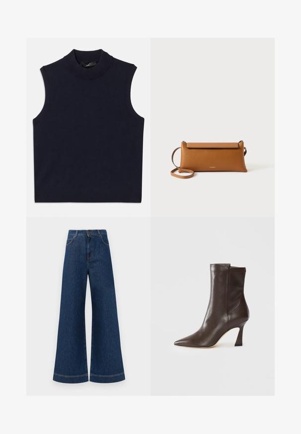 Sweater sem mangas azul-marinho com um colarinho alto canelado, textura suave e bainha canelada. Design simples e minimalista, sem padrões.; Jeans azul de perna larga com cintura alta, apresentando um fecho de botão, passantes para cinto e detalhes de costura discretos ao longo dos bolsos e das bainhas.; Bota de couro castanho escuro até a panturrilha com bico pontudo, salto curvado e fino, e acabamento suave sobre um fundo branco.; Pasta de mão em couro castanho, formato retangular, superfície texturizada, alça destacável, fecho de correr, logotipo subtil embutido na parte da frente.