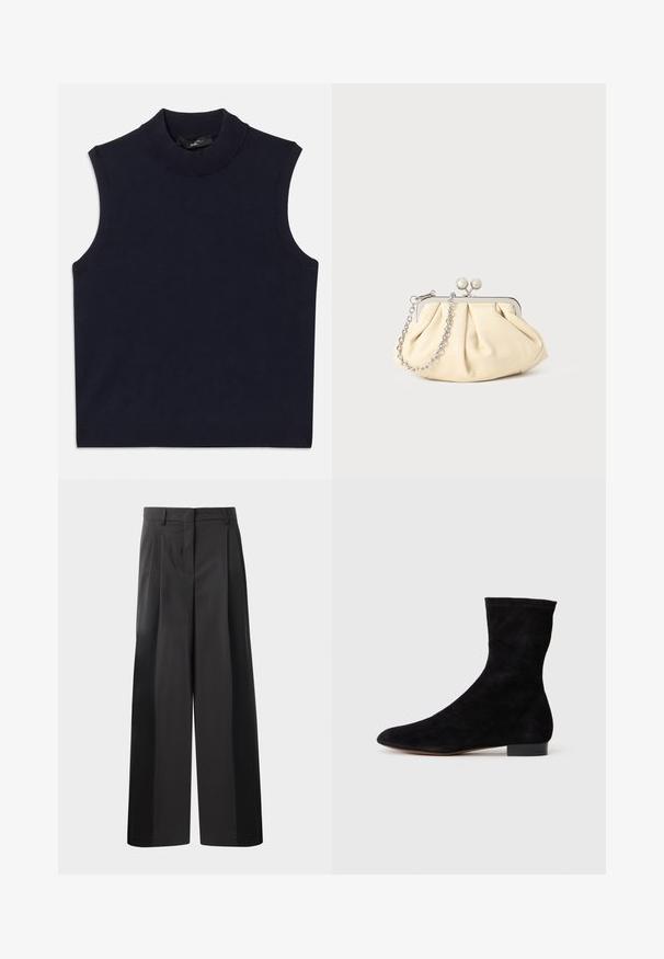 Maglione senza maniche di colore navy con colletto alto a costine, texture liscia e orlo a costine. Design semplice e minimalista senza motivi.; Pantaloni neri a gamba larga con vita alta, caratterizzati da pieghe frontali, una texture liscia e una finitura sartoriale. Progettati per un fit rilassato.; Stivale alla caviglia in suede nero con gambale aderente, punta affusolata e tacco a blocco basso. Texture liscia e design minimalista, adatto per uno stile versatile.; Clutch in pelle beige plissettata con una struttura in metallo argento, dotata di due chiusure decorative rotonde e una tracolla in catena argentata.