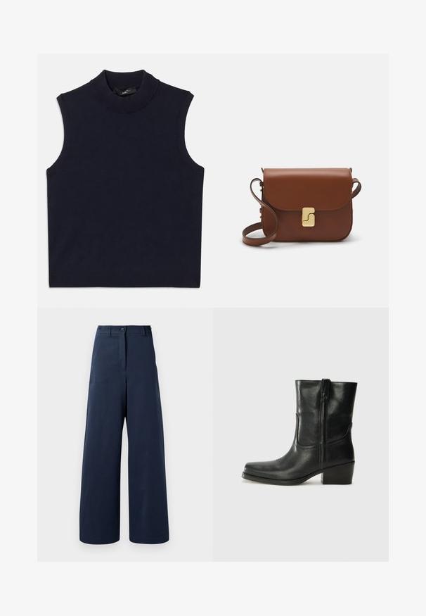 Tamsiai mėlynas be rankovių megztinis su aukštu raukšlėtu apykakle, glotni tekstūra ir raukšlėtu apačios kraštu. Paprastas, minimalistinis dizainas be raštų.; Jūrinės pločio kelnės iš glotnaus audinio, turinčios aukštą liemenį su dviem priekiniais mygtukais, dviem šoninėmis kišenėmis ir tiesiais kraštais.; Juodi odiniai aulinukai iki kulkšnies su apvali nosimi, blokuotais kulnais, šonine užtrauktuku ir siuvimo akcentais ant viršutinės dalies. Lygi tekstūra, klasikinis dizainas.; Ruda odinė rankinė su uždaromu dangteliu, aukso spalvos detalėmis, petneša ir lygiu paviršiumi. Kompaktiška stačiakampio formos.