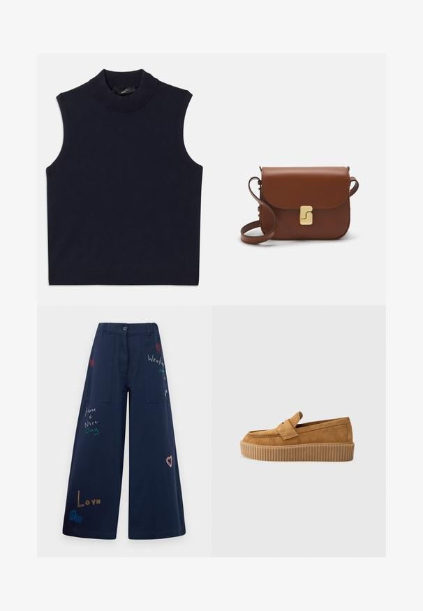 Navy sleeveless pullover sweater with a high ribbed collar, smooth texture, and ribbed hem. Simple, minimalistic design with no patterns.; Navy blue wide-leg pants in cotton with multiple pockets. Features colorful embroidered text and graphics including hearts and playful phrases.; Brown suede loafer with a round toe, featuring a ribbed platform sole and a decorative strap across the upper.; Brown leather handbag with a flap closure, gold-tone hardware, a shoulder strap, and a smooth texture. Compact rectangular shape.