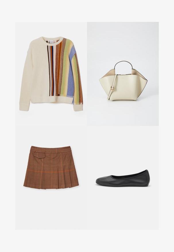 Gewatteerde trui in crème met meerkleurige verticale strepen in blauw, groen, bruin en rood. Heeft een ronde halslijn en geribde manchetten.; Bruine geruite rok met een geplooid ontwerp, oranje accenten en een zijzak. Gemaakt van textuurmateriaal met een aansluitende taille.; Zwarte leren ballerina met een ronde neus, gladde textuur, minimale stikdetails en een flexibele zoolontwerp.; Ree Projects ANN - Handtas - beige