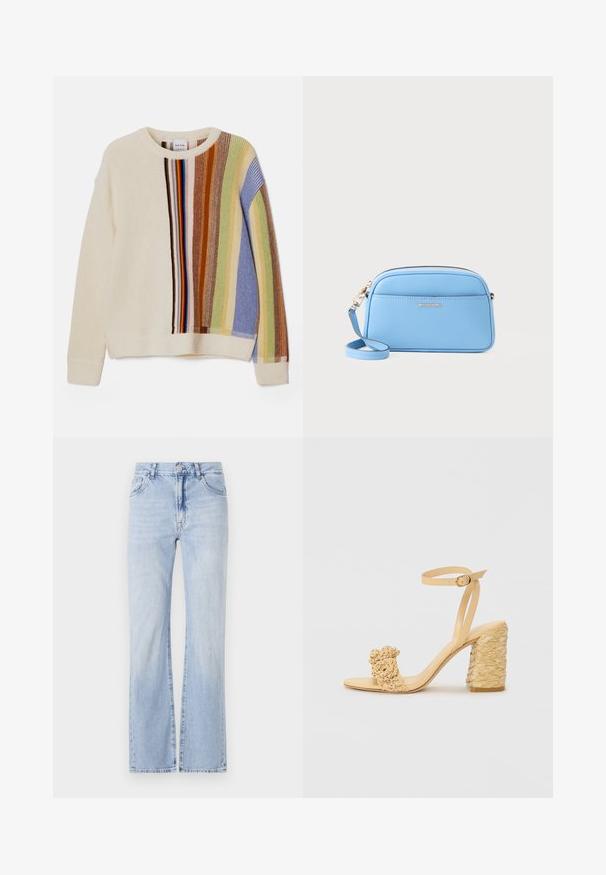 Kreemivärvi kootud sviiter, millel on mitmevärvilised vertikaalsed triibud sinises, rohelises, pruunis ja punases. Omab ümmargust kaelust ja soonikutega mansette.; Heledad sinine teksarihmaga fliirvad püksid viie tasku disainiga, vööga loopide ja nööpiga sulgemisega. Pehme tekstuur kerge kulumisega.; Beez kõrge kontsaga sandaalid, millel on punutud tekstuur, dekoratiivne lilleke ja pahkluu rihm. Ruudukujuline konts tagab stabiilsuse.; Hele sinine nahast ristiõlakott kuldse viimistlusega, tõmblukk, ja eesmine tasku. Omab reguleeritavat rihma mugavuse tagamiseks.