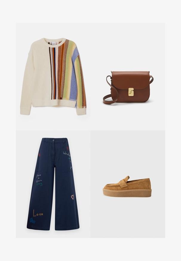 Krémszínű kötött pulóver, kék, zöld, barna és piros függőleges csíkokkal. Kerek nyakkivágással és bordázott mandzsettákkal rendelkezik.; Tengerészkék, bőszárú pamut nadrág több zsebbel. Színes hímzett szövegekkel és grafikákkal rendelkezik, beleértve a szívmintákat és játékos kifejezéseket.; Barna velúr lódon, kerek orral, bordázott platform talppal és díszes pánttal a felső részen.; Barna bőr kézitáska, hajtókás zárással, arany színű fém kiegészítőkkel, vállpánttal és sima felülettel. Kompakt téglalap alakú.