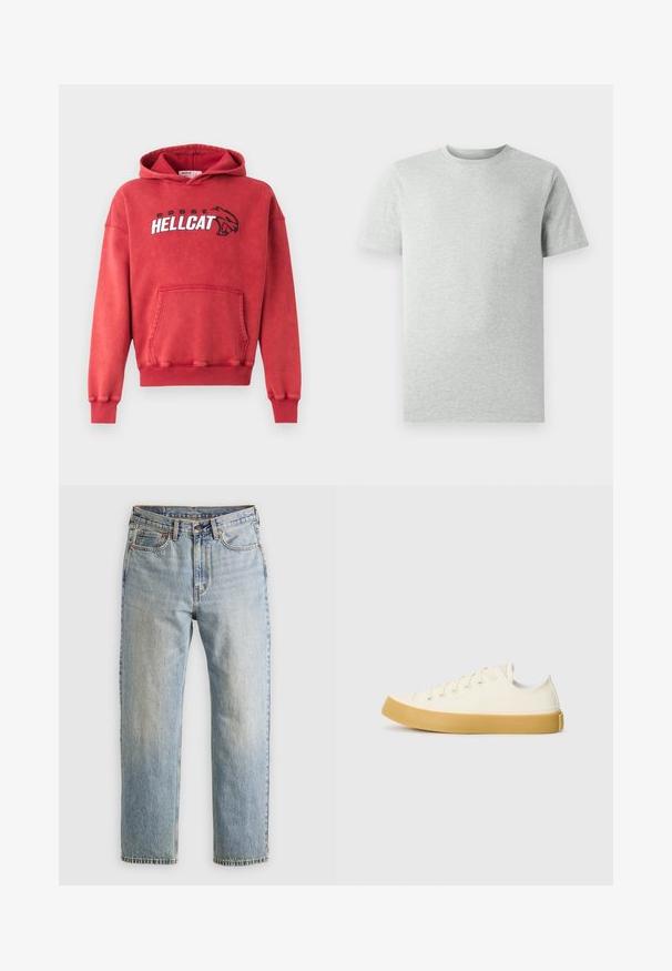Červená bavlnená mikina s kapucňou a prednou vreckom. Na hrudi sa nachádza logo "DODGE HELLCAT" v bielej a čiernej farbe. Rebrované manžety a lem. Mäkka textura.; Jednoduché svetlošedé tričko s krátkym rukávom a okrúhlym výstrihom, vystavené na bielom pozadí, pohľad z prednej strany bez viditeľných log a dizajnov.; Svetlomodré džínsy s vysokým pásom, predným gombíkom, zipsom a dizajnom s piatimi vreckami, rozložené na neutrálnom pozadí.; Plátne tenisky v off-white farbe s okrúhlym špičkou, s béžovými gumovými podrážkami a piatimi dierkami na šnúrky, textúrovaný povrch na hornej časti.