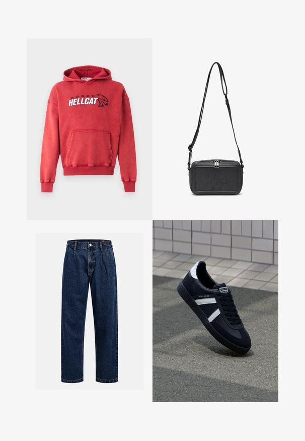 Röd bomullshoodie med framficka. Har "DODGE HELLCAT"-logotyp i vitt och svart på bröstet. Ribbad muddar och nederkant. Mjuk textur.; Mörkblå denimjeans med rak bendesign. Har synliga sömmar, knappstängning och framträdande veck för extra detalj.; Svart lädersneaker med vita ränder, texturerad gummisul, och snörning fram. Har en märkesskylt på tungan.; Svart läder crossbody-väska med dragkedjestängning, präglad logga på framsidan och justerbar rem. Slät textur med rektangulär form.
