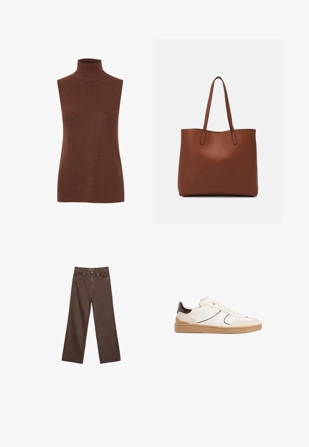 Brauner, gerippter, ärmelloser Rollkragenpullover. Weiche Textur mit taillierter Silhouette und hohem Kragen. Keine sichtbaren Verschlüsse oder Verzierungen.; Weite braune Jeans aus Denim, mit hoher Taille, Fronttaschen und klassischem Knopfverschluss. Glatte Textur mit feinen Nähten.; Stradivarius Sneaker low - white; Braune Leder-Tote mit glatter Textur, offenem Oberteil und zwei Schulterriemen. Verfügt über minimale Nähte und keine sichtbaren Beschläge.