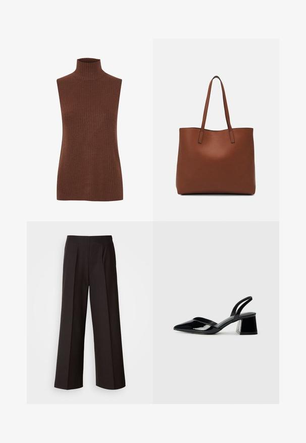 Brauner, gerippter, ärmelloser Rollkragenpullover. Weiche Textur mit taillierter Silhouette und hohem Kragen. Keine sichtbaren Verschlüsse oder Verzierungen.; Schwarze weite Hosen mit flachem Vorderteil, Falten und einer glatten Stoffstruktur. Sie haben eine hohe Taille und einen taillierten Schnitt für eine strukturierte Passform.; Schwarze Lackleder-Slingback-High Heels mit spitzem Schuh und einem geometrischen Blockabsatz. Verfügt über ein schlankes, minimalistisches Design und eine glatte Textur.; Braune Leder-Tote mit glatter Textur, offenem Oberteil und zwei Schulterriemen. Verfügt über minimale Nähte und keine sichtbaren Beschläge.