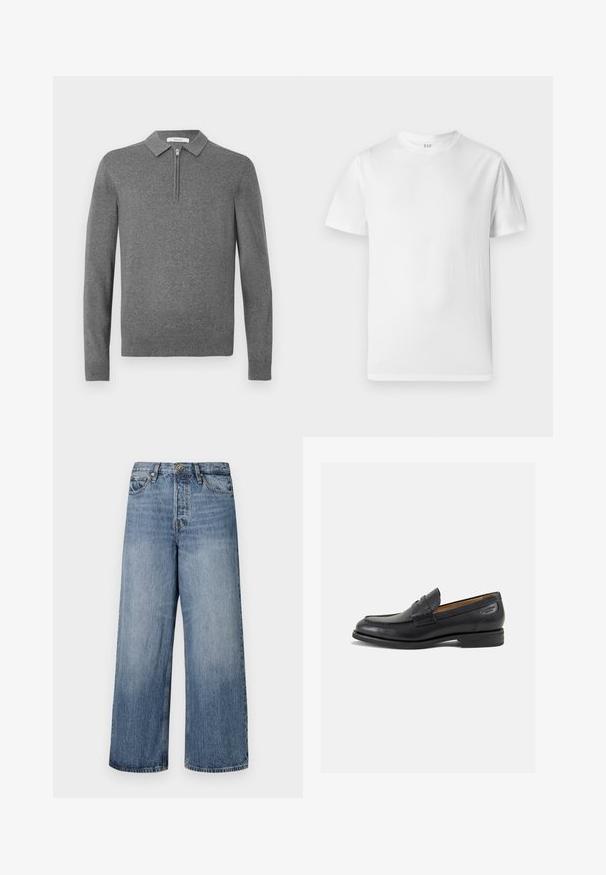 Suéter de malha cinza de mangas compridas com gola e um fecho éclair curto à frente, exposto sobre um fundo branco.; T-shirt branco de mangas curtas feito de algodão macio. Apresenta um decote redondo e uma bainha reta com detalhes mínimos.; Calças de ganga azuis de pernas largas com um efeito desbotado, design de cinco bolsos e fecho de botão. Equipadas com passantes para cinto e detalhes cosidos.; Mocassins pretos de pele com um acabamento suave, bico redondo e costura decorativa no a parte superior. Salto baixo e empilhado com um ligeiro brilho.